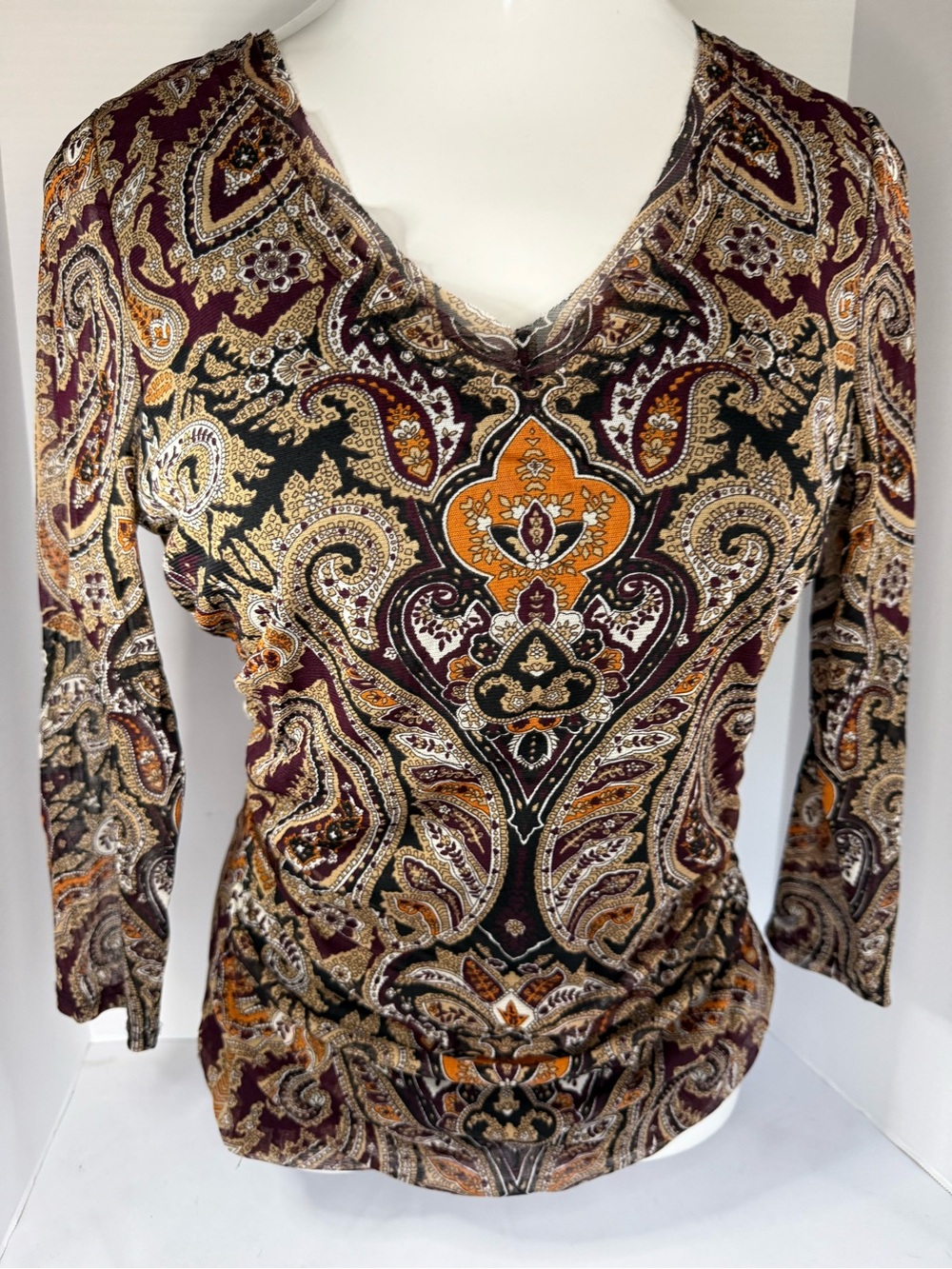 INC International Concepts Burgundy, Gold & Black Paisley V-Neck Long Sleeve Top